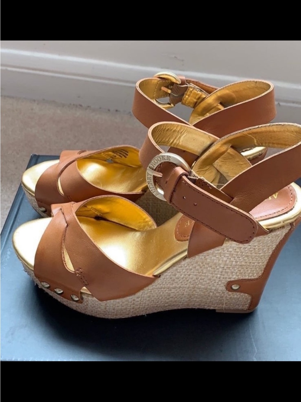 Brown Wedge Sandals with Gold Accents - Women's Ankle Strap